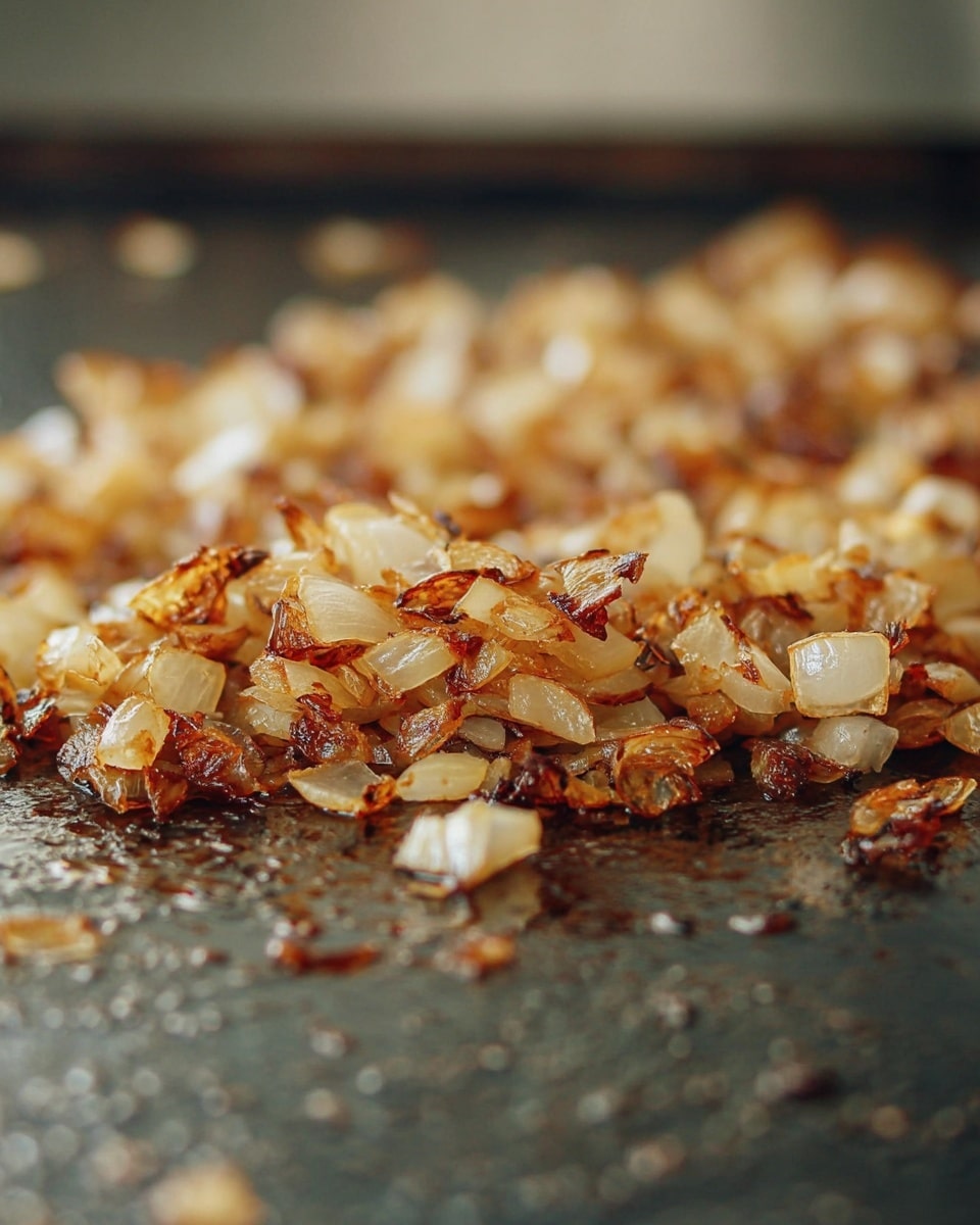 The image shows a close-up of a pile of cooked chopped onions, sitting directly on a flat cooking surface. The onions have a golden brown color with some pieces showing darker caramelized edges. The texture looks soft but slightly crisp on the darker parts. The cooking surface is dark and has a shiny, oily look from the cooking process, with some small bits of onion oil glistening around the pieces. The background is blurry, putting full focus on the cooked onions. photo taken with an iphone --ar 4:5 --v 7