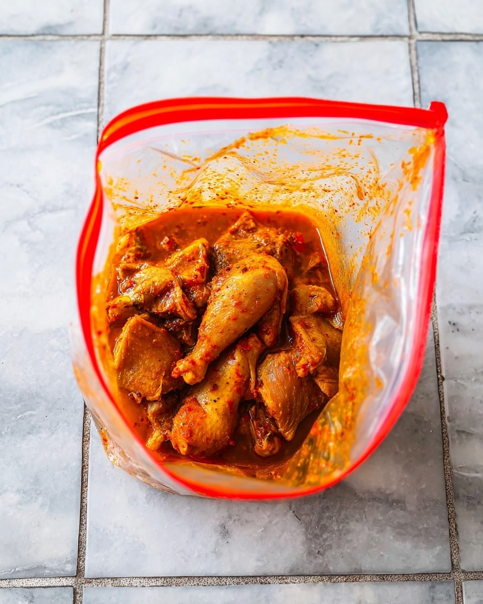 A transparent plastic zip lock bag with red edges is open, showing pieces of raw chicken marinated in an orange-red sauce with visible spices and herbs. The chicken pieces are a mix of drumstick and wing parts, coated evenly with the thick marinade. The bag rests on a white marbled surface with square tile patterns visible underneath. The image shows the bag from the top view, with the open top edges framing the marinated chicken inside. Photo taken with an iphone --ar 4:5 --v 7