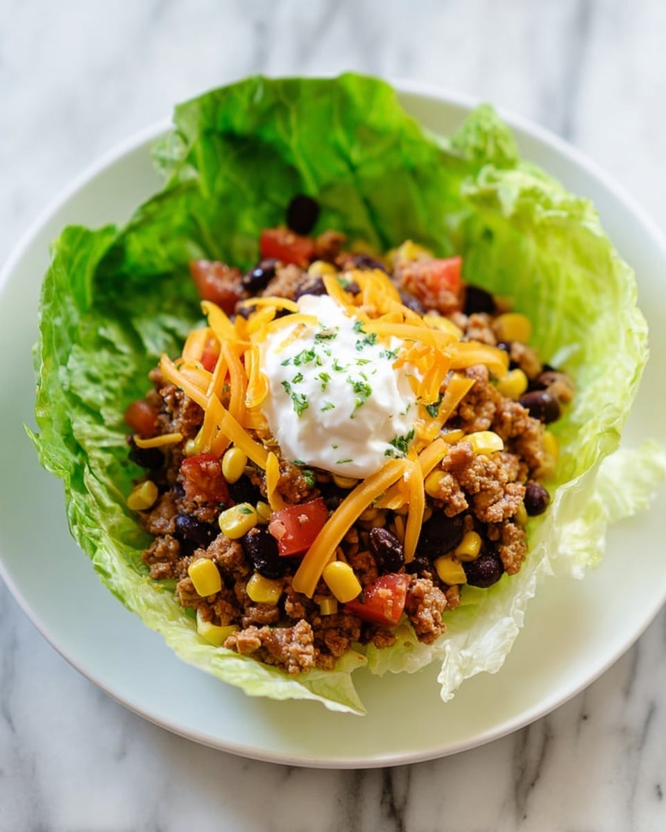A white plate with a large green lettuce leaf shaped like a bowl holds a colorful mix inside. The bottom layer is light brown cooked ground meat mixed with black beans and small red tomato pieces. Scattered on top are bright yellow corn kernels and a small pile of shredded orange cheese. At the center, there is a dollop of smooth white sour cream sprinkled with tiny green herb bits. The plate sits on a white marbled surface. photo taken with an iphone --ar 4:5 --v 7