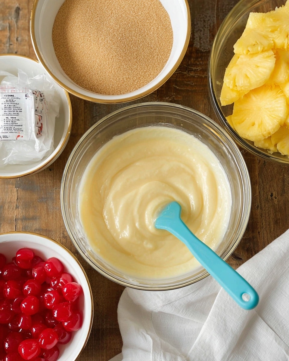 A clear glass bowl in the bottom center holds a smooth, pale yellow creamy mixture with a blue silicone spatula resting inside. To the top right, a clear glass bowl is filled with bright yellow pineapple rings stacked together. Above that, a white butter wrapper with measurement markings is placed. On the top left, a white bowl with golden rims contains light brown sugar, and below it, another white bowl with golden rims is filled with shiny, bright red maraschino cherries. The background is a worn wooden table and a white cloth is partially visible under the glass bowl. Photo taken with an iphone --ar 4:5 --v 7