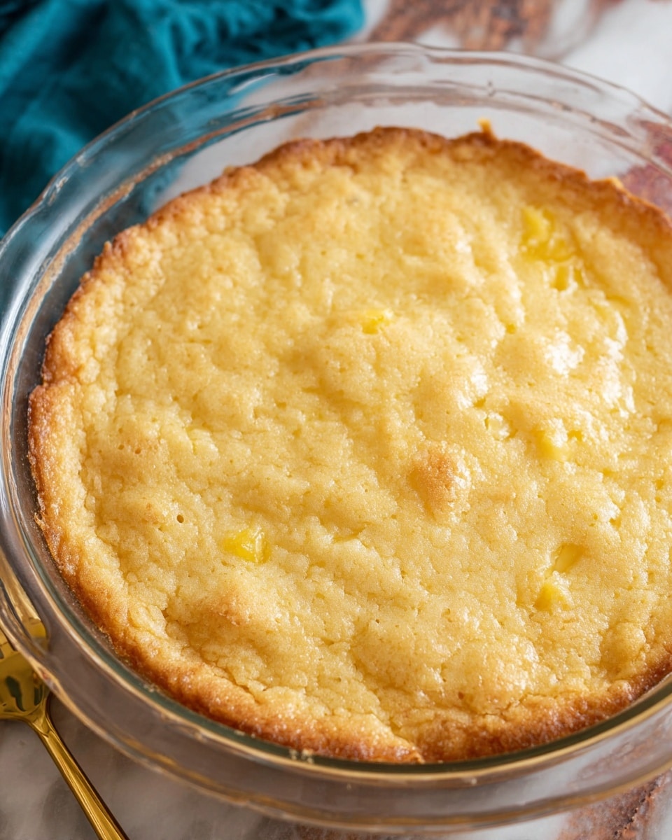 A baked dish shown in a clear glass pie dish with one visible layer that is golden light brown on top with a slightly crumbly texture and rough edges, with small bubbles on the surface, and beneath it a layer of soft yellow chunks partially visible through the sides; the dish is placed on a rustic wooden surface with a white marbled texture background, including a gold fork in the lower corner. photo taken with an iphone --ar 4:5 --v 7