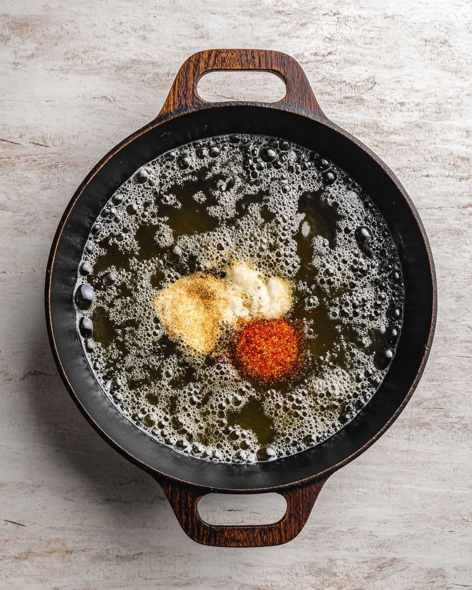 A dark cast iron skillet with two handles sits on a white marbled surface, filled with bubbling melted butter that forms white foamy spots across the surface. In the center, there are two small piles of spices: one beige and the other bright orange-red, floating on the melted butter. The skillet's rough texture contrasts with the smooth bubbles and colorful spices inside. The image is taken from above, showing the round shape of the skillet and its contents clearly. Photo taken with an iphone --ar 4:5 --v 7