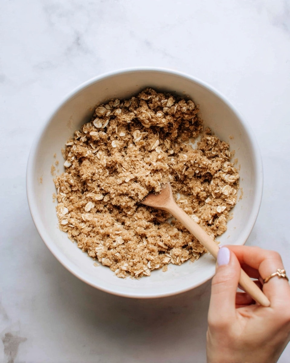A white bowl filled with a crumbly mixture of oats and brown sugar, showing a rough, uneven texture with small clumps and loose oats on top. A wooden spoon is stirring the mix inside the bowl, held by a woman's hand with pale painted nails and a ring on the finger. The bowl is placed on a surface with a white marbled texture. photo taken with an iphone --ar 4:5 --v 7