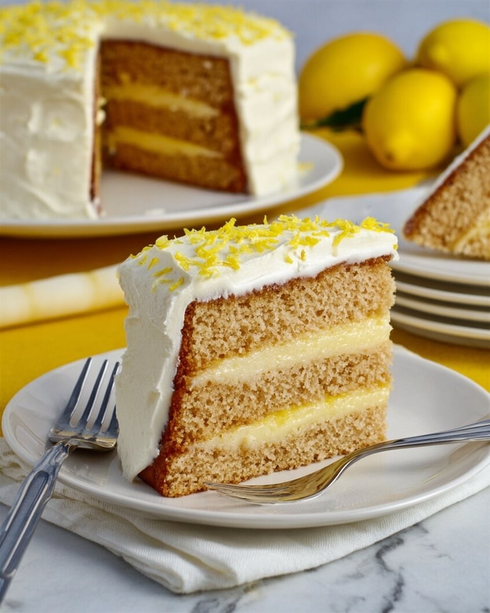 A slice of three-layer yellow cake sits centered on a white plate. Each layer is light brown with a slightly crumbly texture, separated by pale yellow creamy filling. The top layer is covered with white frosting sprinkled with fine yellow zest. The background shows a whole cake with the same frosting and zest on a white plate, partially visible. Nearby, a fork rests on a white napkin on a white marbled surface with bright yellow lemons in the background. Photo taken with an iphone --ar 4:5 --v 7