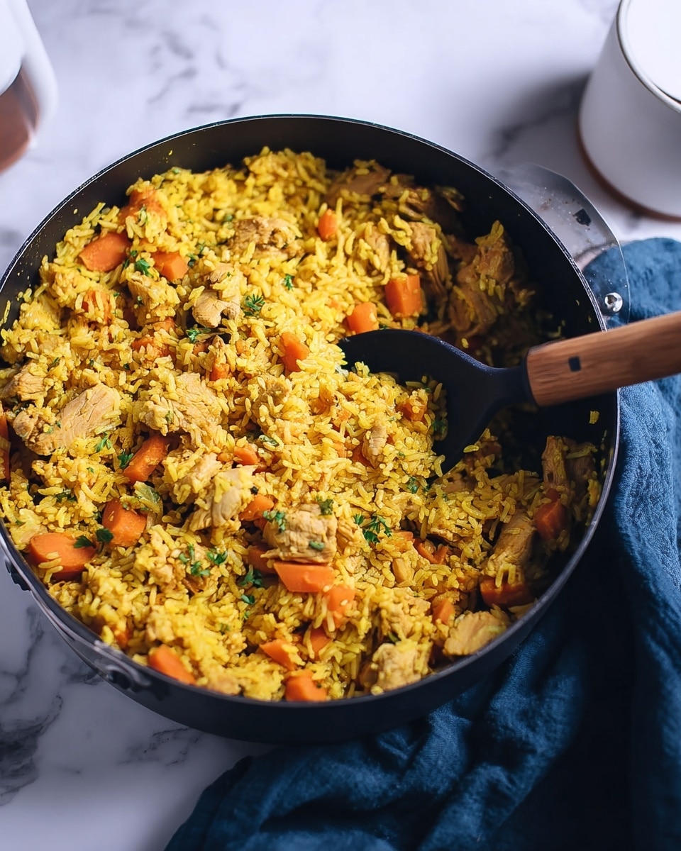 A black pan filled with yellow rice mixed with orange carrot slices and chunks of cooked chicken tinted brownish-yellow. Some green herbs are sprinkled on top, adding a fresh touch. A black spoon with a wooden handle is scooping the rice from the right side of the pan. The pan is placed on a white marbled surface with a dark blue cloth on the right side and a white container on the left. photo taken with an iphone --ar 4:5 --v 7