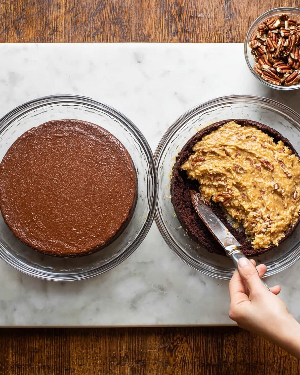 The image shows two clear glass bowls side by side on a white marbled surface. The left bowl contains one round, single-layer chocolate cake with a smooth, even brown top. The right bowl has one chocolate cake layer at the bottom, covered with a thick, golden, chunky coconut and pecan filling that is being spread smoothly by a woman's hand holding a butter knife. Two smaller bowls with dark chocolate and chopped nuts are partially visible at the top right corner. Photo taken with an iphone --ar 4:5 --v 7