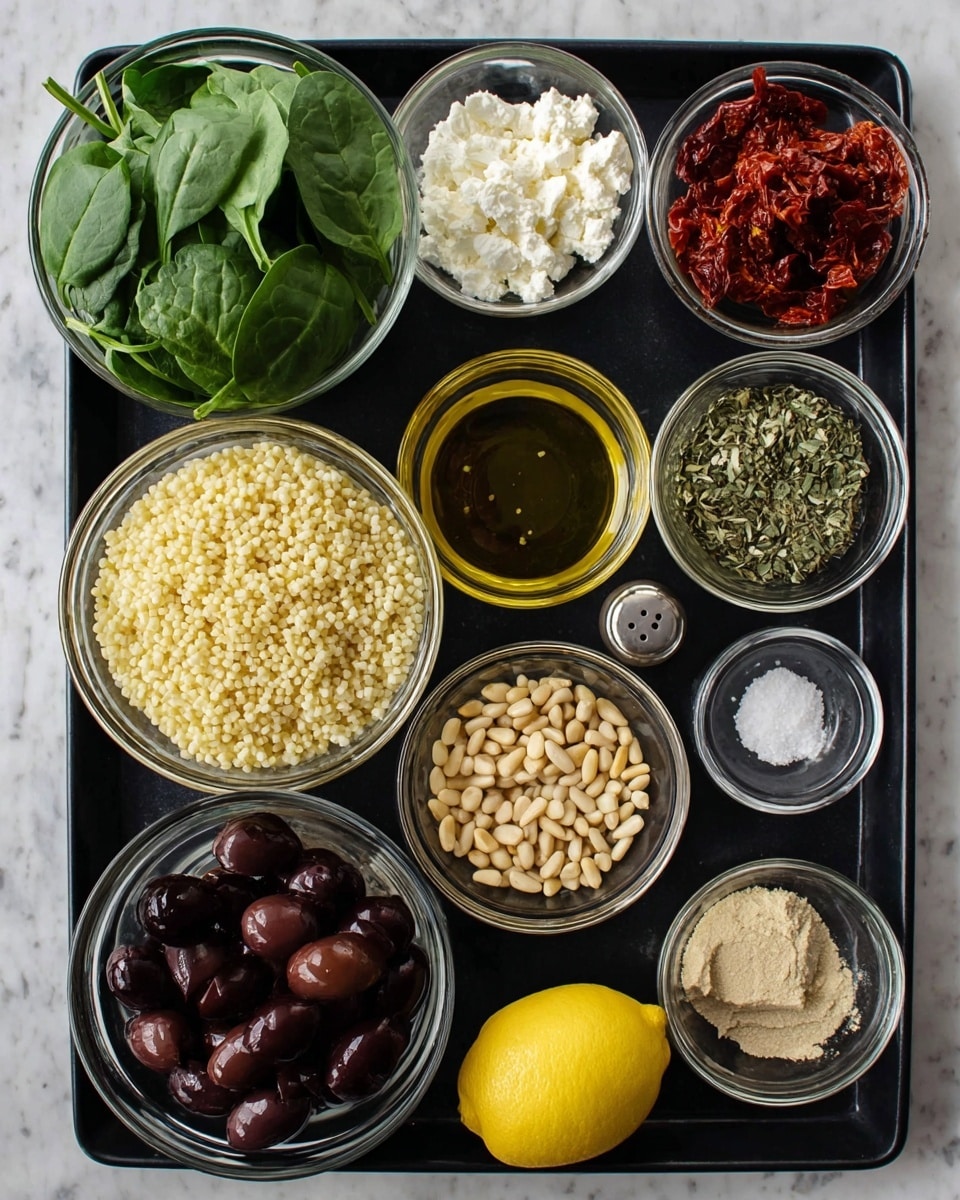 The image shows a black tray holding eleven clear glass bowls and one lemon, arranged neatly on a white marbled surface. Starting from the top left, there is a bowl filled with fresh green spinach leaves, followed by a bowl with white crumbly cheese, then a bowl with bright red sun-dried tomatoes, and a bowl with golden olive oil. Below these, there is a bowl with light beige pine nuts, a bowl with dark balsamic vinegar, and a bowl with a beige mustard-like paste. Toward the bottom left, there is a large bowl filled with light yellow orzo pasta, a bowl with dark purple Kalamata olives, a bowl labeled with dried green herbs, and finally, a bowl holding white salt and black pepper. The lemon is placed beside the mustard bowl near the bottom right corner. photo taken with an iphone --ar 4:5 --v 7