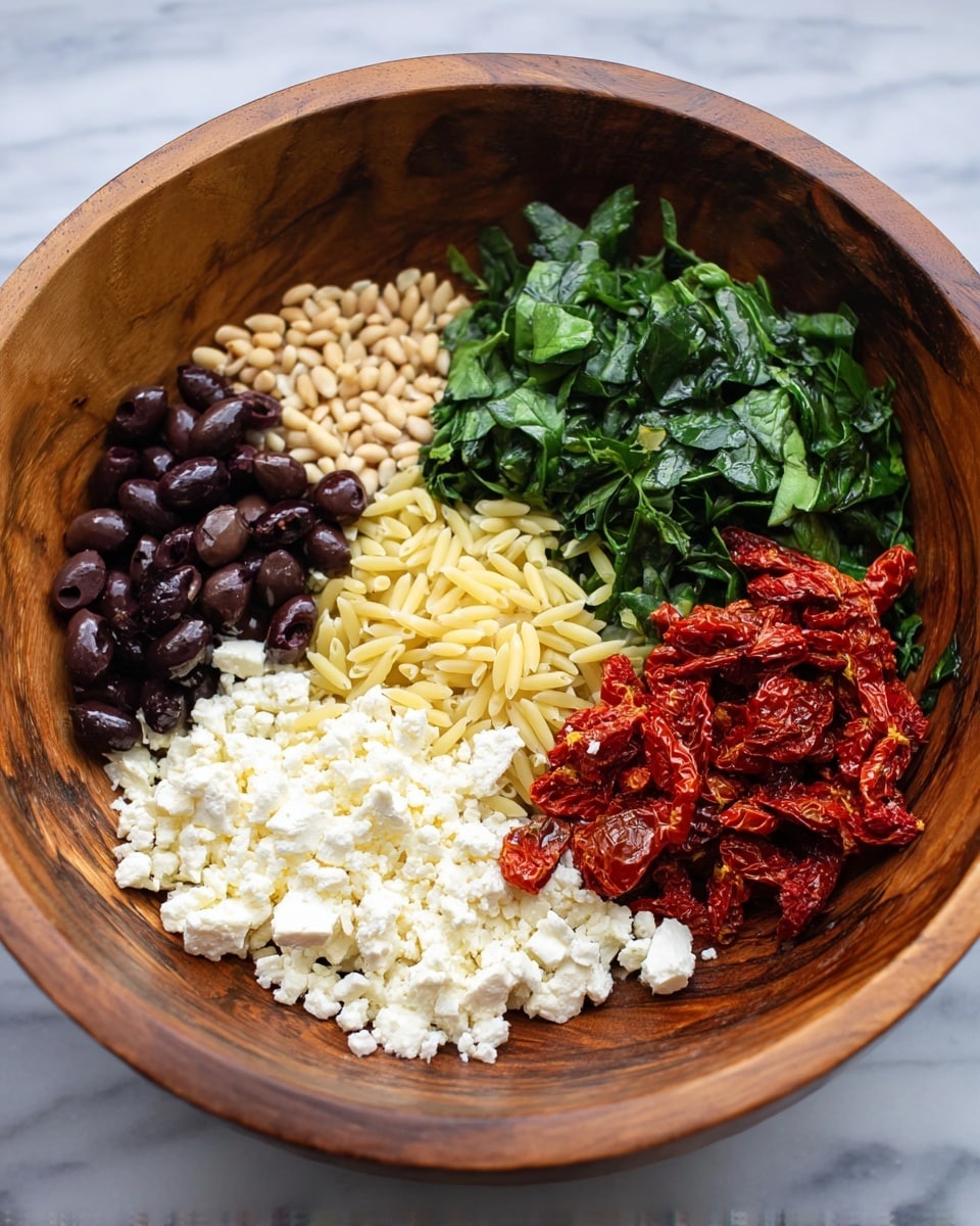 A large wooden bowl holds six separate sections of ingredients arranged next to each other. Starting from the left side, there are dark purple black olives with a smooth texture, next to a small pile of light beige pine nuts. Moving clockwise, a bunch of fresh, dark green chopped spinach sits in the bowl, followed by a grouping of deep red sun-dried tomatoes that have a slightly wrinkled texture. Near the center-bottom, there is a layer of small, pale yellow orzo pasta, and beside it, creamy white crumbled feta cheese with a crumbly texture. The bowl is on a white marbled surface. Photo taken with an iphone --ar 4:5 --v 7