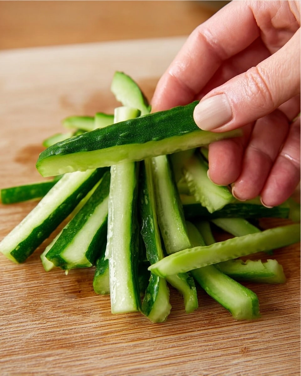 A woman's hand is holding thin, long strips of green cucumber with dark green skin and light green inside. More cucumber strips are scattered on a wooden cutting board under the woman's hand. The cucumbers are fresh and crisp-looking, showing smooth edges and a slightly wet texture from being sliced. The background is clear and focuses on the hand and cucumber strips. photo taken with an iphone --ar 4:5 --v 7