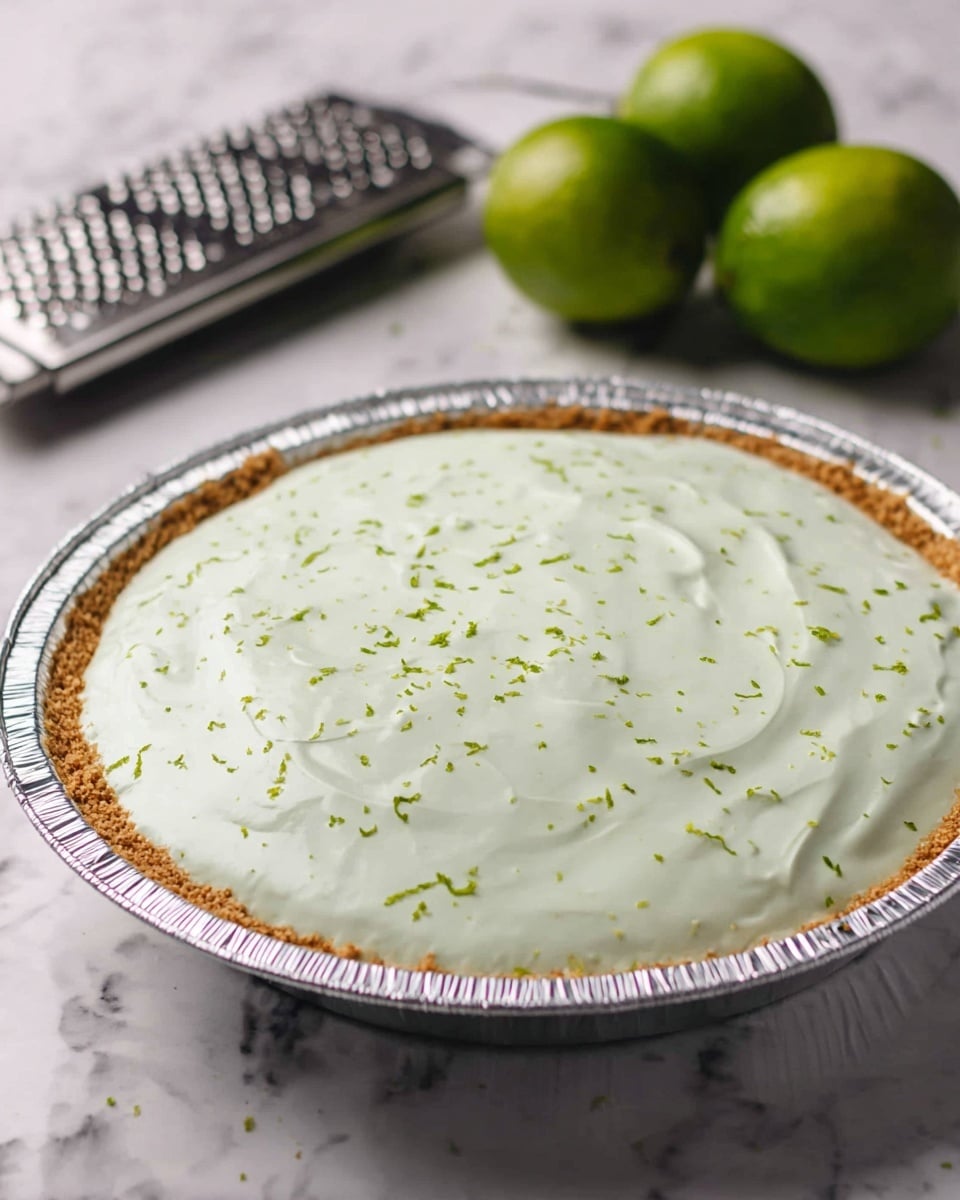 A pie with three visible layers: a bottom light brown crumb crust, a middle thick creamy pale green layer that is smooth and evenly spread, topped with small green zest sprinkles scattered all over. The pie is in a white foil pie dish placed on a white marbled surface. In the background, there are three whole bright green limes and a metal grater. Photo taken with an iphone --ar 4:5 --v 7