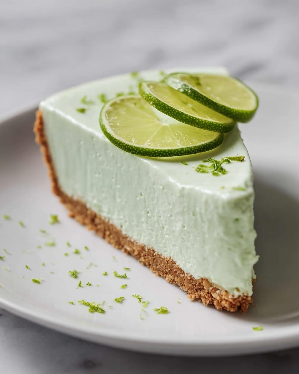 A slice of pie with three layers: the bottom layer is a light brown crumb crust, the middle layer is thick and pale green with a smooth, creamy texture, and the top layer is white with a light green tint. On top of the slice, there are two thin slices of lime curled and placed decoratively near the center, with small green lime zest pieces sprinkled around. The slice is set on a white plate, placed on a white marbled surface. photo taken with an iphone --ar 4:5 --v 7