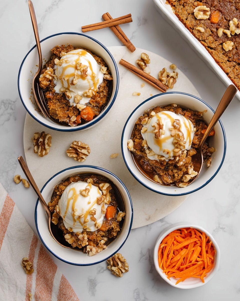 Two white bowls with blue rims contain a dessert of three layers: the bottom layer is a brownish carrot cake with visible orange carrot shreds and chunks of walnut; the middle layer is a rich, sticky caramel sauce; the top layer is a scoop of white vanilla ice cream drizzled with caramel sauce and sprinkled with walnut pieces. Each bowl has a bronze spoon placed inside. The bowls sit on a round white marble board, which is placed on a white marbled surface. Around the bowls are walnut pieces, two cinnamon sticks, a small white bowl of walnuts, and a white dish holding shredded carrots. In the top right corner, a white rectangular baking dish holds more of the carrot cake dessert. photo taken with an iphone --ar 4:5 --v 7