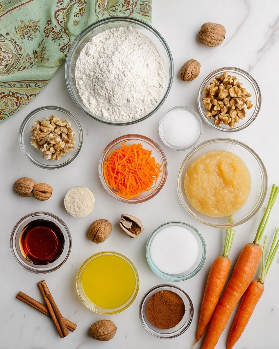 A top view shows a white marbled surface with several clear glass bowls arranged neatly. The largest bowl near the center holds white flour, surrounded by a bowl of white granulated sugar, a bowl of light brown sugar with a grainy texture, and a bowl of bright orange shredded carrots. Smaller bowls contain white salt, white baking soda, and chopped walnuts. There is also a bowl of smooth, light yellow applesauce and another bowl filled with a bright yellow liquid, possibly oil. A small bowl of dark amber vanilla extract sits near the bottom center. On the right side, there are two whole carrots with green tops, three small round glass bowls with brown powders (spices), and two whole cinnamon sticks. Scattered whole walnuts and cloves add to the scene, while a greenish cloth with patterns is partially visible in the top left corner. The overall layout is clean and organized. Photo taken with an iphone --ar 4:5 --v 7
