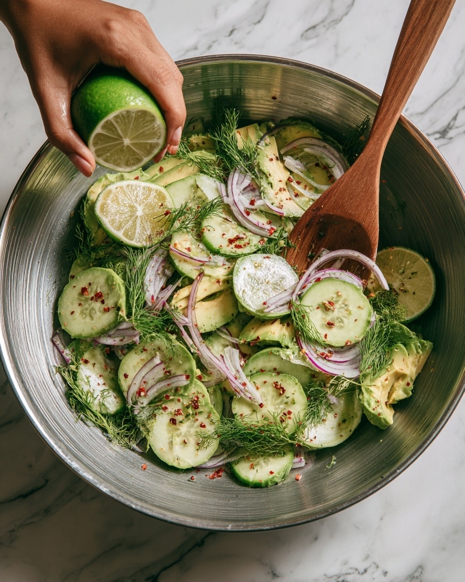 A close-up image shows a woman's hand squeezing a juicy green lime half over a large silver bowl filled with fresh salad ingredients. The salad has layers of thin light green cucumber slices, creamy light green avocado chunks, thin purplish-red onion strips, and bright green dill leaves, all sprinkled with small red chili flakes. A wooden spoon rests inside the bowl, which sits on a white marbled surface, adding a fresh and colorful feel to the scene. Photo taken with an iphone --ar 4:5 --v 7