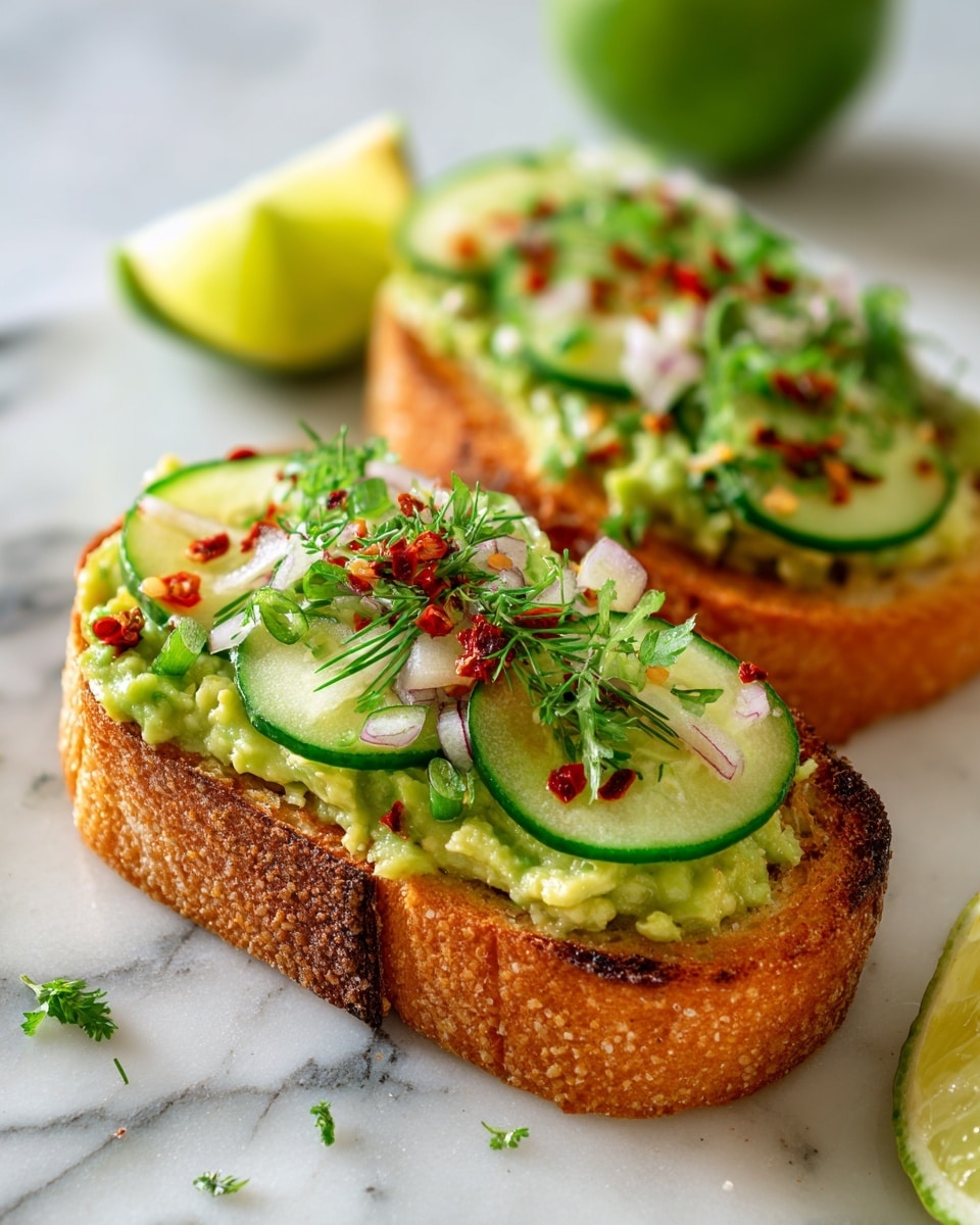 The image shows two pieces of toasted bread stacked on a white marbled surface, topped with a green avocado spread. On top of the avocado spread, there are thin slices of cucumber and small pieces of onion, mixed with red chili flakes and fresh green herbs. A halved green lime blurred in the background adds a fresh touch, while a cucumber slice lies next to the bread. The textures include the crispy golden-brown toast, creamy avocado, and crunchy, fresh vegetables. The photo taken with an iphone --ar 4:5 --v 7