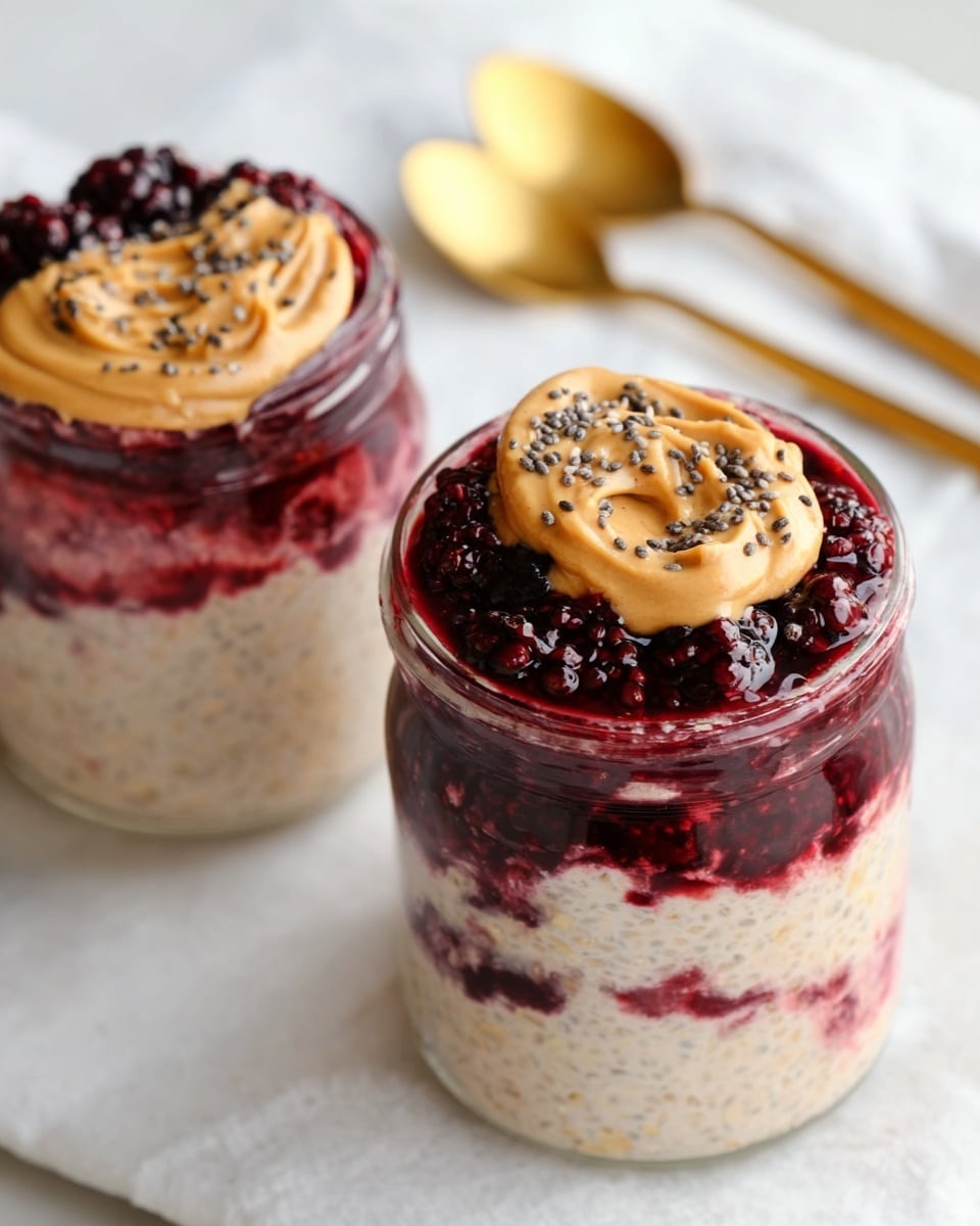 A close-up image of a jar showing four visible layers starting from the bottom: a creamy beige chia pudding base with visible tiny seeds, a thick layer of deep red berry compote with whole berries, a smooth drizzle of light brown nut butter on top of the berries, sprinkled with small black chia seeds. The jar is placed on a white marbled surface with a soft textured cloth in the background and a golden spoon beside it. Photo taken with an iphone --ar 4:5 --v 7