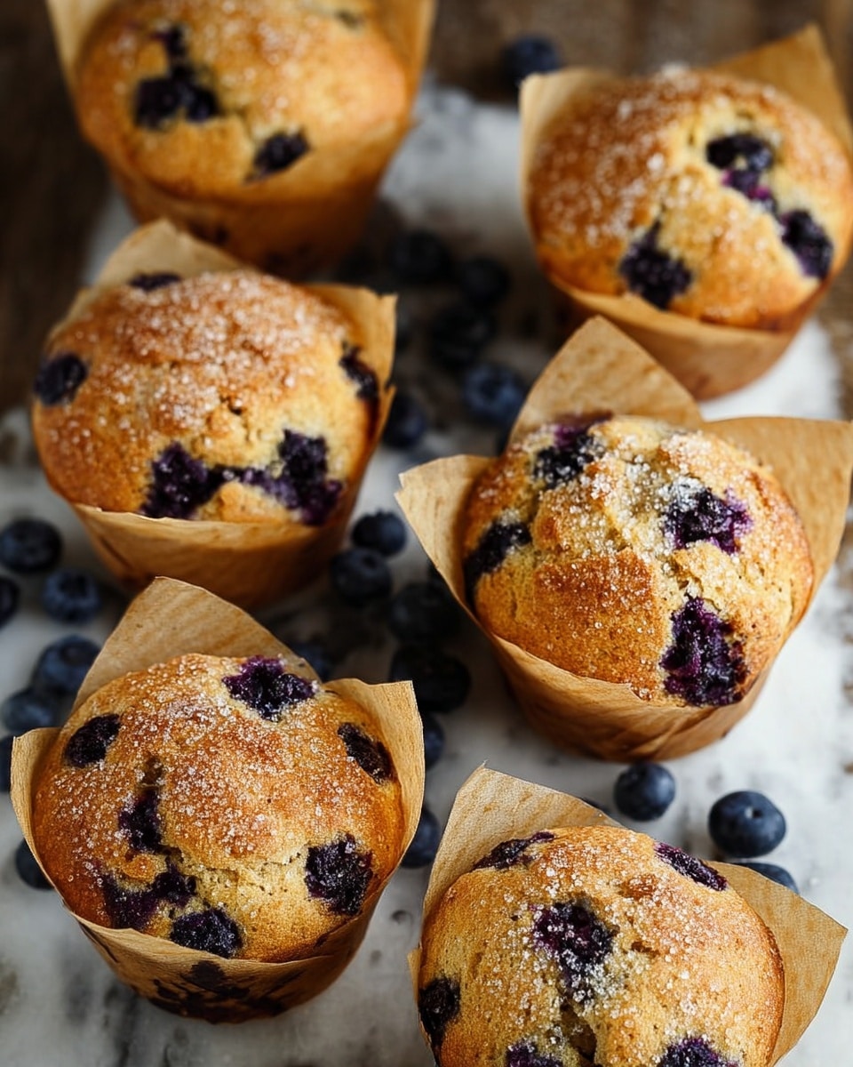A group of golden brown blueberry muffins with slightly cracked tops sprinkled with coarse sugar sits on a white marbled texture. Each muffin is wrapped in light brown parchment paper that lifts slightly above the muffin top, showing juicy dark purple blueberries scattered throughout the soft, textured surface. Fresh blueberries are scattered around the muffins on the white marbled texture. The muffins are clustered closely, filling the frame with a warm and fresh baked look. photo taken with an iphone --ar 4:5 --v 7