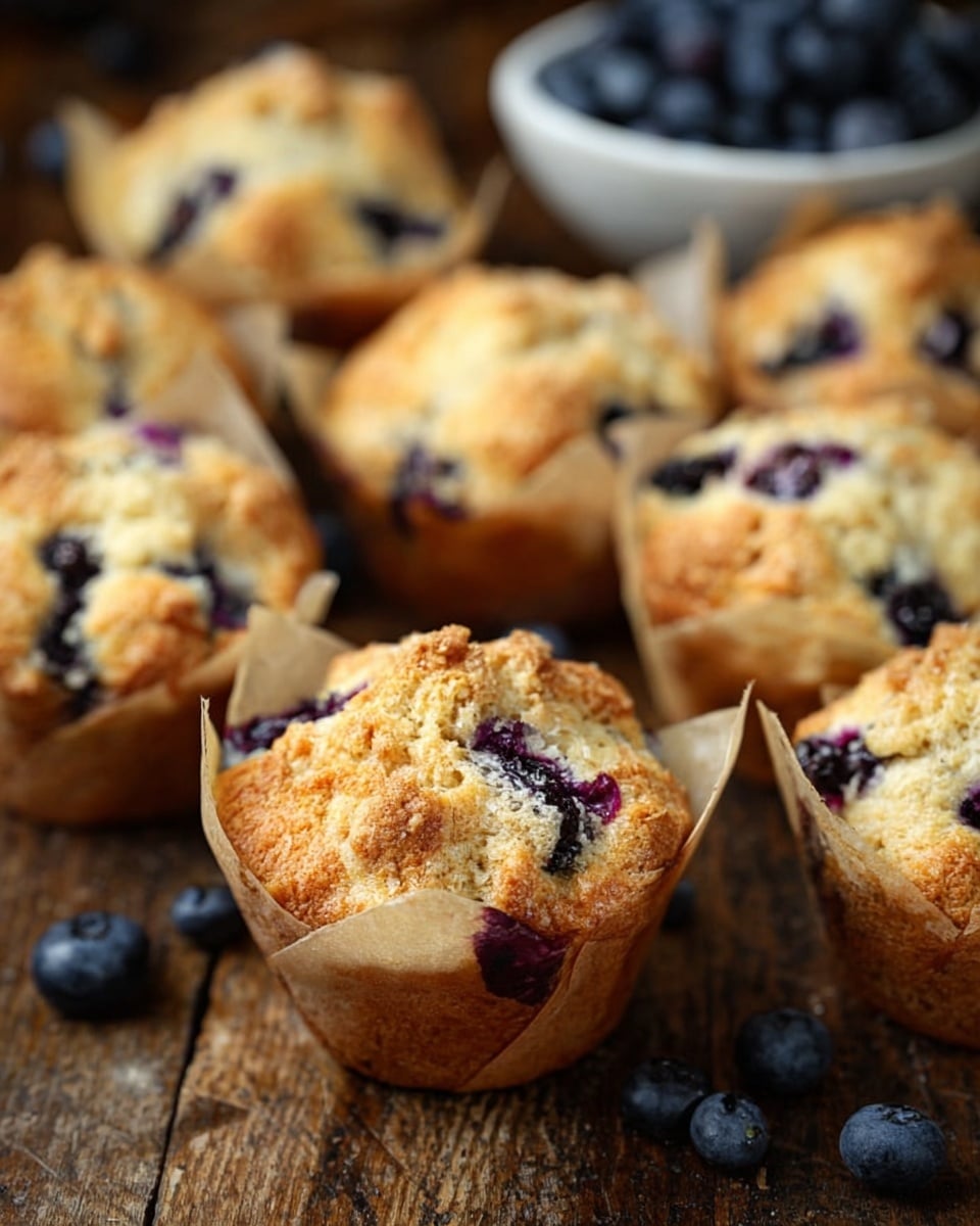 A group of golden brown blueberry muffins with crumbly tops sit on a wooden surface with some scattered fresh blueberries. Each muffin is wrapped in natural parchment paper, showing a textured top mixed with baked blueberries that add dark purple and blue spots throughout. In the background, a white bowl filled with fresh blueberries is blurred but visible, adding depth to the image. The setting is warm and rustic, highlighting the muffins' soft, fluffy texture and the contrast between the pale golden crumb and the rich blueberry colors. photo taken with an iphone --ar 4:5 --v 7