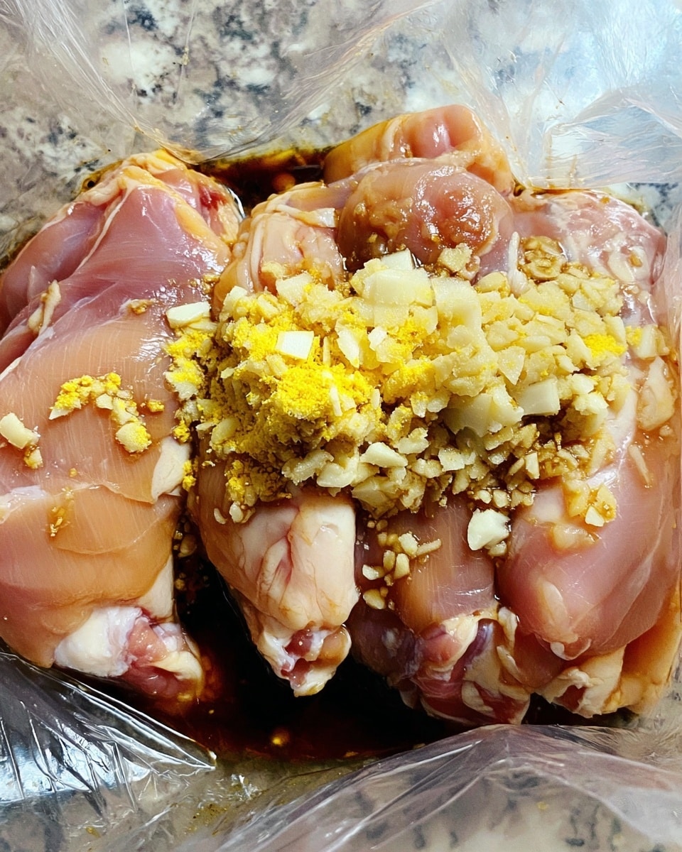 Inside a clear plastic bag, there are several raw chicken pieces with pale pink skin and some fat visible. On top of the chicken, there is a thick layer of finely chopped white garlic and bright yellow grated ginger. The chicken pieces are sitting in a dark brown liquid marinade that coats the meat. The background shows a white marbled texture. Photo taken with an iphone --ar 4:5 --v 7