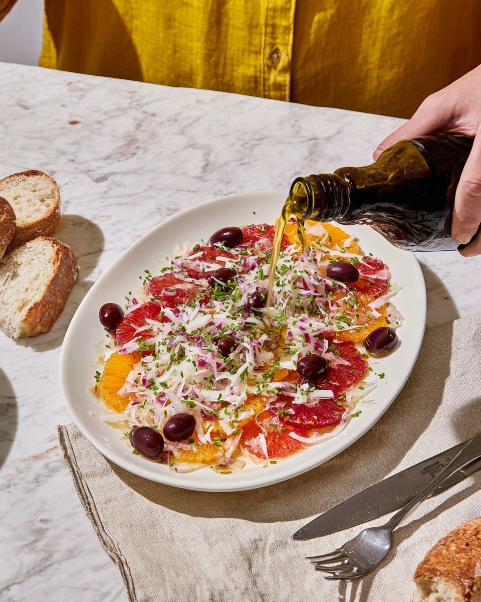 A white oval plate holds a colorful salad made of thinly sliced red and orange citrus rounds forming the bottom layer, topped with thin white shavings of fennel and scattered whole dark purple olives. Finely chopped red onions and green herbs are sprinkled evenly on top, adding bright color contrast. A golden liquid, likely olive oil, is being poured over the salad by a woman's hand holding a dark bottle. The plate is set on a white marbled surface with a beige cloth napkin next to a silver knife and a piece of crusty bread. Photo taken with an iphone --ar 4:5 --v 7