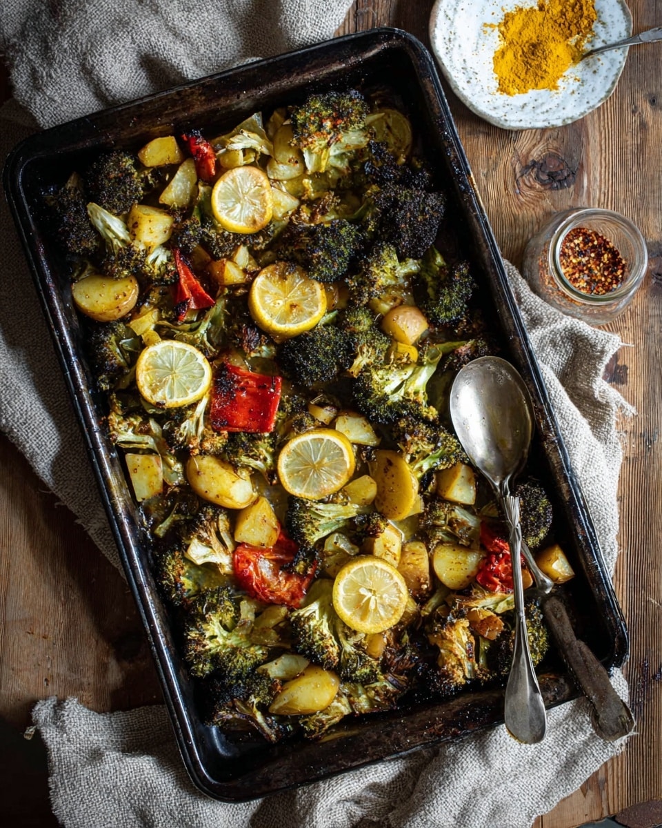 A large black roasting pan filled with roasted vegetables on a wooden table covered with a beige fabric. The pan has a mix of roasted broccoli pieces with dark green, almost blackened tips; yellow lemon slices scattered on top; small yellow potato chunks with a roasted brown edge; and red bell pepper pieces with slightly wrinkled skin. There is a silver spoon resting on the right side of the pan. Near the pan, a small white marbled plate with yellow turmeric powder and a clear jar with crushed red pepper flakes are visible. The overall look is rustic and warm with the vegetables cooked to a golden brown color. photo taken with an iphone --ar 4:5 --v 7