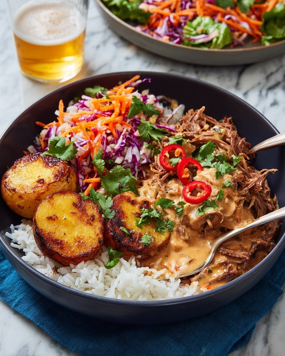 A dark bowl holds a dish with three main layers: at the bottom, there is a base of white rice spread evenly across the bowl; on top of the rice, there is a creamy, light brown sauce mixed with shredded meat, covering a large part of the rice; beside this, there are three golden brown roasted potatoes with a crispy surface. Next to the potatoes, there is a mix of colorful shredded vegetables including orange carrot, purple cabbage, and white cabbage, garnished with fresh green cilantro leaves and scattered thin red chili slices on the meat and rice. A silver fork rests on the side of the bowl. The bowl sits on a blue cloth over a white marbled surface, with a glass of beer and a plate of similar salad in the blurred background photo taken with an iphone --ar 4:5 --v 7