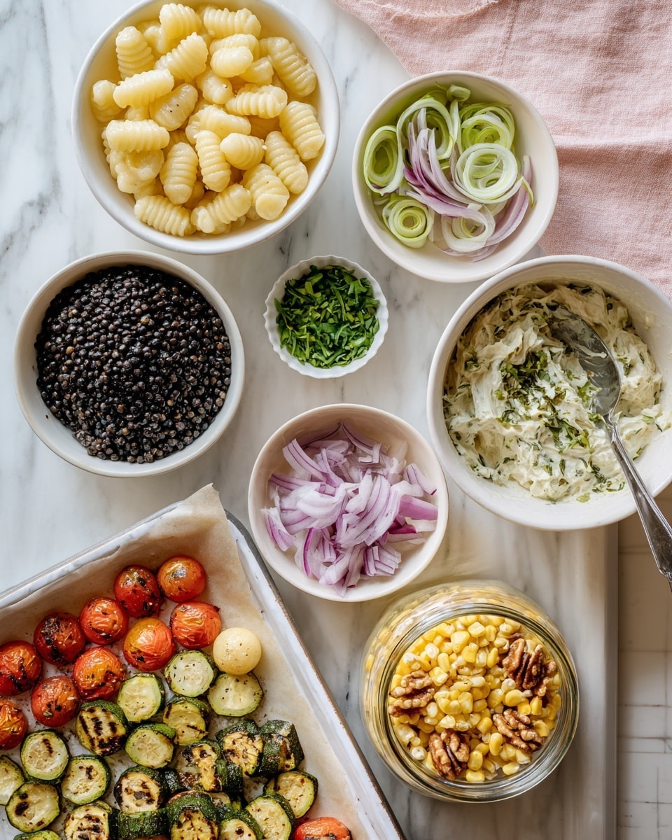 The image shows a preparation scene with several white bowls and a white tray on a white marbled surface with a pink cloth underneath. Starting top left, a white bowl filled with pale yellow gnocchi pasta with ridges; top center, a small white bowl with sliced green and purple spring onions; top right, a small white bowl with finely chopped green herbs. Center right, a larger white bowl with creamy white sauce mixed with green herbs and a silver spoon inside. Bottom left, a white bowl filled with black lentils. Below it, a small white plate with finely chopped red onions. Bottom right side, a small white bowl containing walnut halves. In the bottom right corner, a glass jar filled with grilled yellow corn kernels. At the bottom left, a white tray lined with parchment paper holds grilled vegetables arranged in rows: halved cherry tomatoes and sliced zucchini, all slightly charred. Photo taken with an iphone --ar 4:5 --v 7