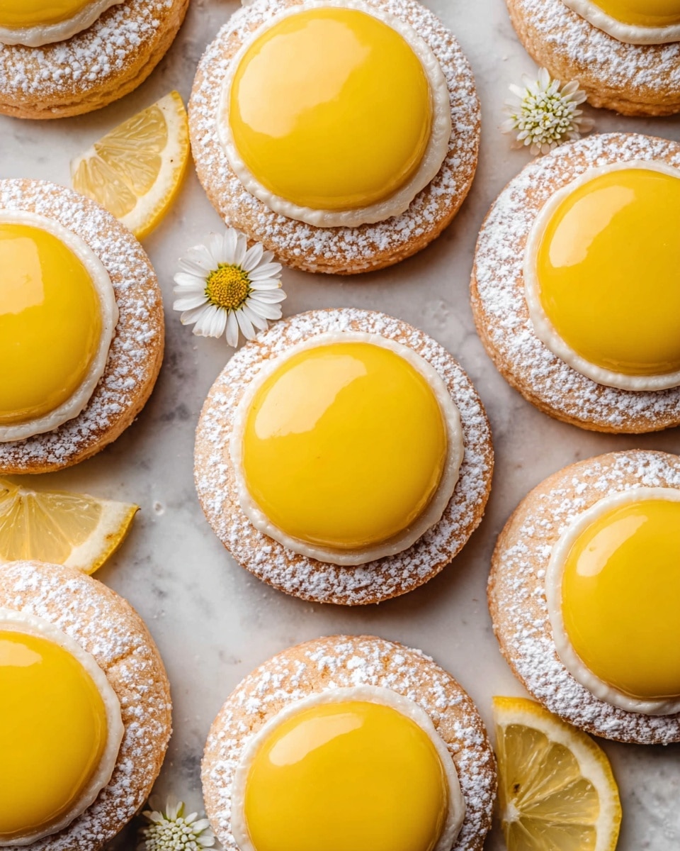 The image shows several round cookies arranged closely together on a white marbled surface. Each cookie has two main layers: the base is a light tan color with a soft texture, lightly dusted with fine white powdered sugar around the edge, and the top layer is a smooth, shiny, bright yellow lemon curd dome perfectly centered on each cookie. Scattered lemon slices and small white flowers with yellow centers decorate the edges of the frame, adding fresh and natural details. The photo taken with an iphone --ar 4:5 --v 7