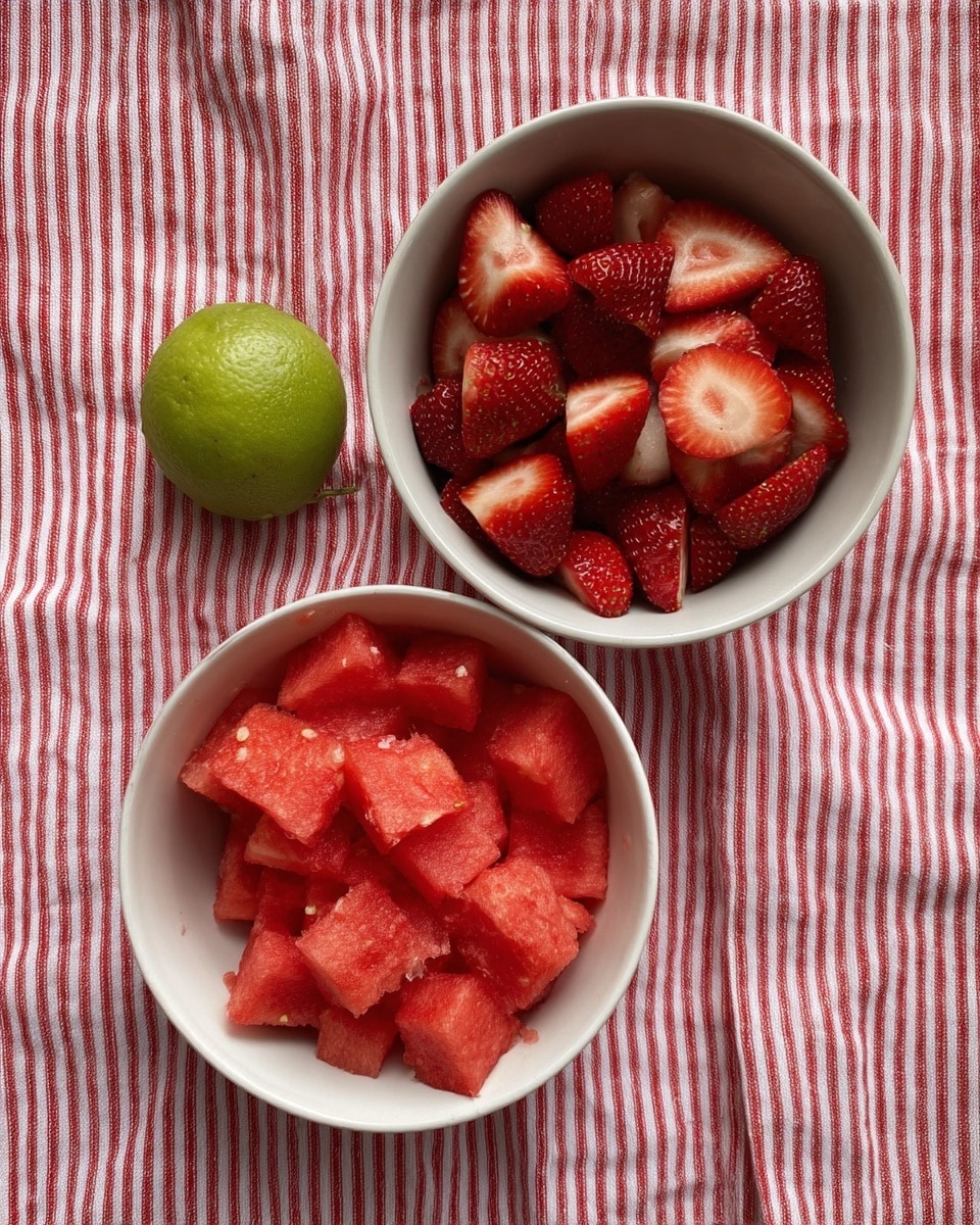 Two white bowls sit on a red and white striped cloth. The bowl on the left is filled with uneven red watermelon chunks, showing some seeds and juicy texture. The bowl on the right is filled with halved strawberries, bright red with white inner parts visible. Above the watermelon bowl and to the left of the strawberry bowl lies a whole small green lime. The background is changed to a white marbled texture. photo taken with an iphone --ar 4:5 --v 7