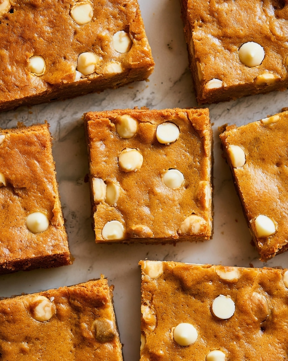 The image shows several square pieces of baked blondies arranged on a white marbled surface. Each blondie has a golden brown top layer, smooth with a slightly crispy texture, dotted with round white chocolate chips that are slightly melted and scattered unevenly throughout. The edges of the blondies are firm, while the inside looks soft and moist, with a dense, chewy texture visible where pieces are closely placed. The warm, inviting tones of the blondies contrast with the light background, making the sweet treats stand out clearly. photo taken with an iphone --ar 4:5 --v 7