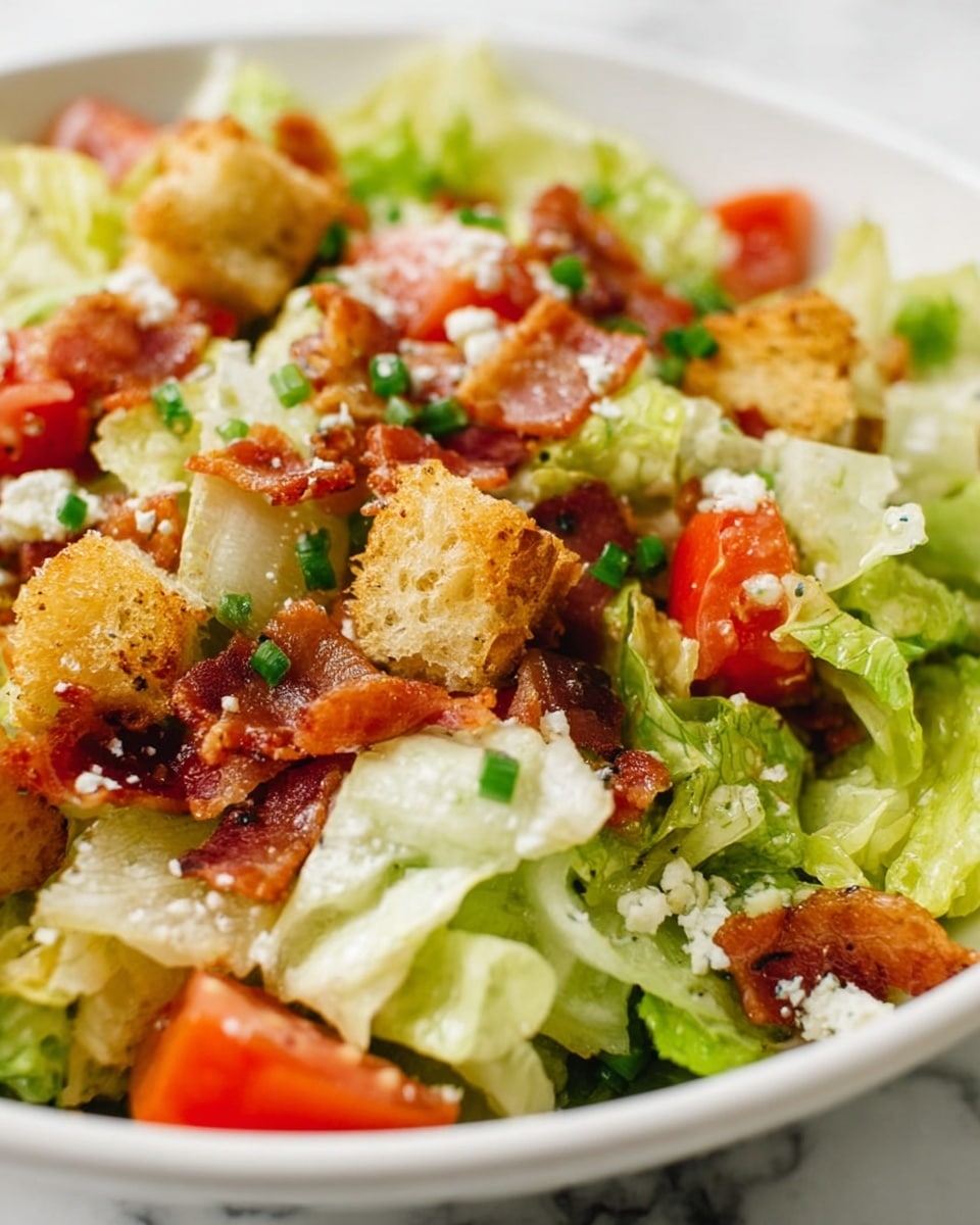 A close-up view of a fresh salad in a white bowl on a white marbled surface shows several layers and textures: the base layer is made of crispy light green lettuce leaves, topped with bright red tomato pieces scattered evenly, and small chunks of bacon adding a deep reddish-brown color. On top of these layers are golden-brown croutons with a rough texture, small white cheese bits, and finely chopped green chives sprinkled throughout, adding a fresh contrast. The salad looks fresh and well mixed, with a light dressing visible on some of the ingredients photo taken with an iphone --ar 4:5 --v 7