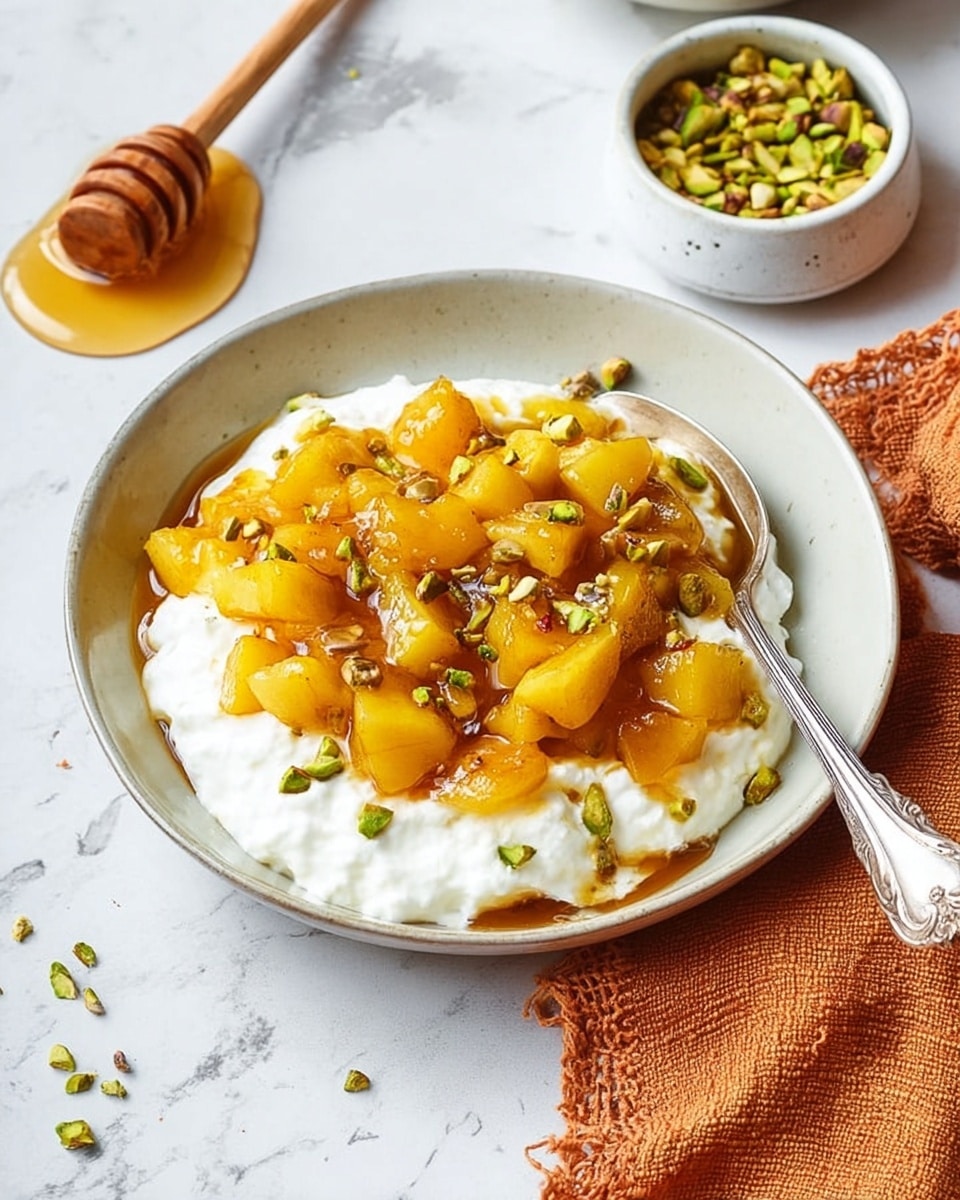 A white bowl filled with a thick layer of white cottage cheese covering the base; on top, there is a generous layer of soft golden yellow cooked apple pieces mixed with a glossy honey-colored sauce, sprinkled with green chopped pistachios that add texture and color contrast. A vintage silver spoon rests on the right edge of the bowl. Nearby, a small white bowl contains more chopped pistachios, and a wooden honey dipper with honey is placed on a white marbled surface. The background is bright with a white marbled texture, with a textured orange cloth partially visible in the lower right corner. Photo taken with an iphone --ar 4:5 --v 7
