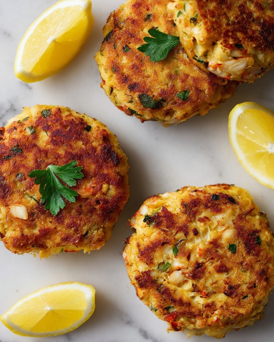 The image shows three golden brown crab cakes with a slightly crispy texture, placed on a white marbled surface. Each crab cake has some small bits of herbs and seafood visible on top, with one topped by a small green parsley leaf for garnish. Around the crab cakes, there are bright yellow lemon wedges arranged neatly, adding a fresh, vibrant contrast to the warm tones of the crab cakes. The scene is bright and clear, emphasizing the textures and colors of the food. photo taken with an iphone --ar 4:5 --v 7