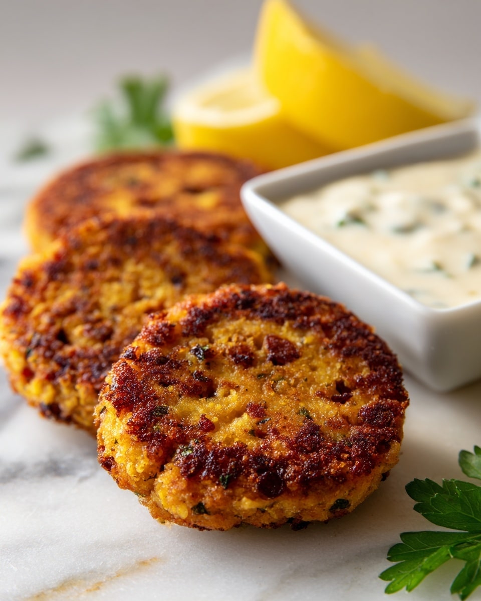 Three round, golden-brown patties are placed side by side on a white marbled surface with slight crispy edges and small specks of darker brown throughout. Beside the patties is a square white bowl filled with creamy white sauce, flecked with green herbs. In the background, blurred lemon wedges add a touch of bright yellow, and a few small green leaves of parsley are near the patties for garnish. photo taken with an iphone --ar 4:5 --v 7