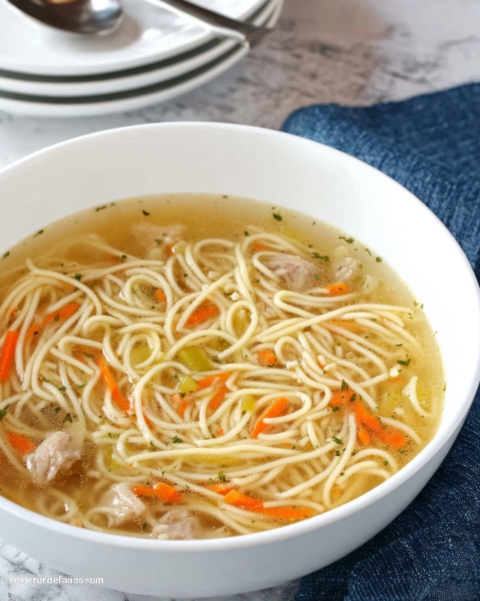 A white bowl filled with clear broth soup containing thin, long noodles spread throughout, small pieces of light-colored meat, thin orange carrot strips, and small bits of green celery floating inside. The soup surface shows some herbs sprinkled around. In the background, there are stacked white plates on a white marbled texture and a shiny metal spoon resting nearby on a blue cloth. photo taken with an iphone --ar 4:5 --v 7