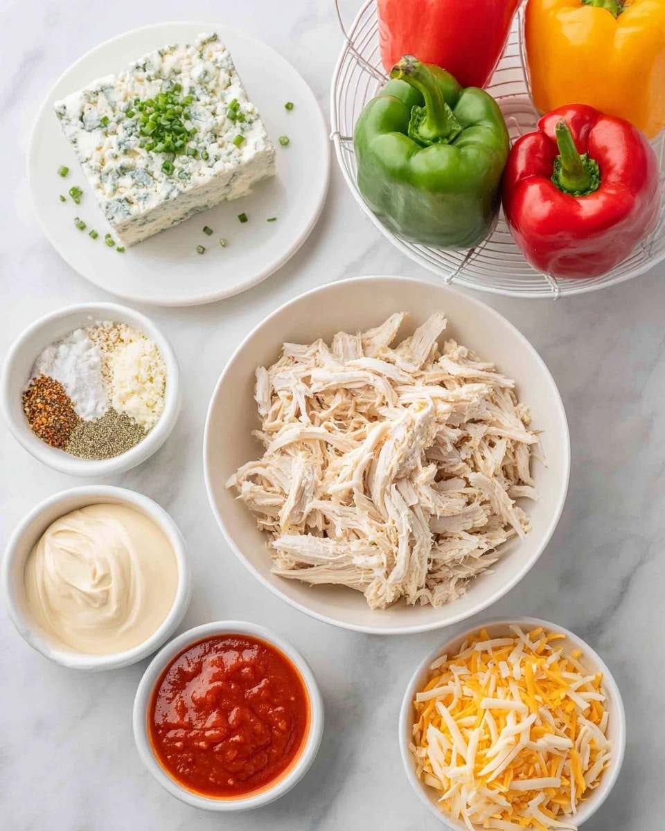 The image shows a white bowl filled with shredded light beige chicken placed in the center on a white marbled surface. Surrounding it are several small white bowls: one with crumbly blue cheese, one with a mix of white salt, black pepper, and light brown spices, one with bright red hot sauce, one with shredded pale yellow cheese, and one with creamy mayonnaise-like sauce. There is a white plate holding a block of white cream cheese with green chives next to it. In the upper right corner, a white wire basket holds red, green, and yellow bell peppers, each hollowed out and standing upright. photo taken with an iphone --ar 4:5 --v 7