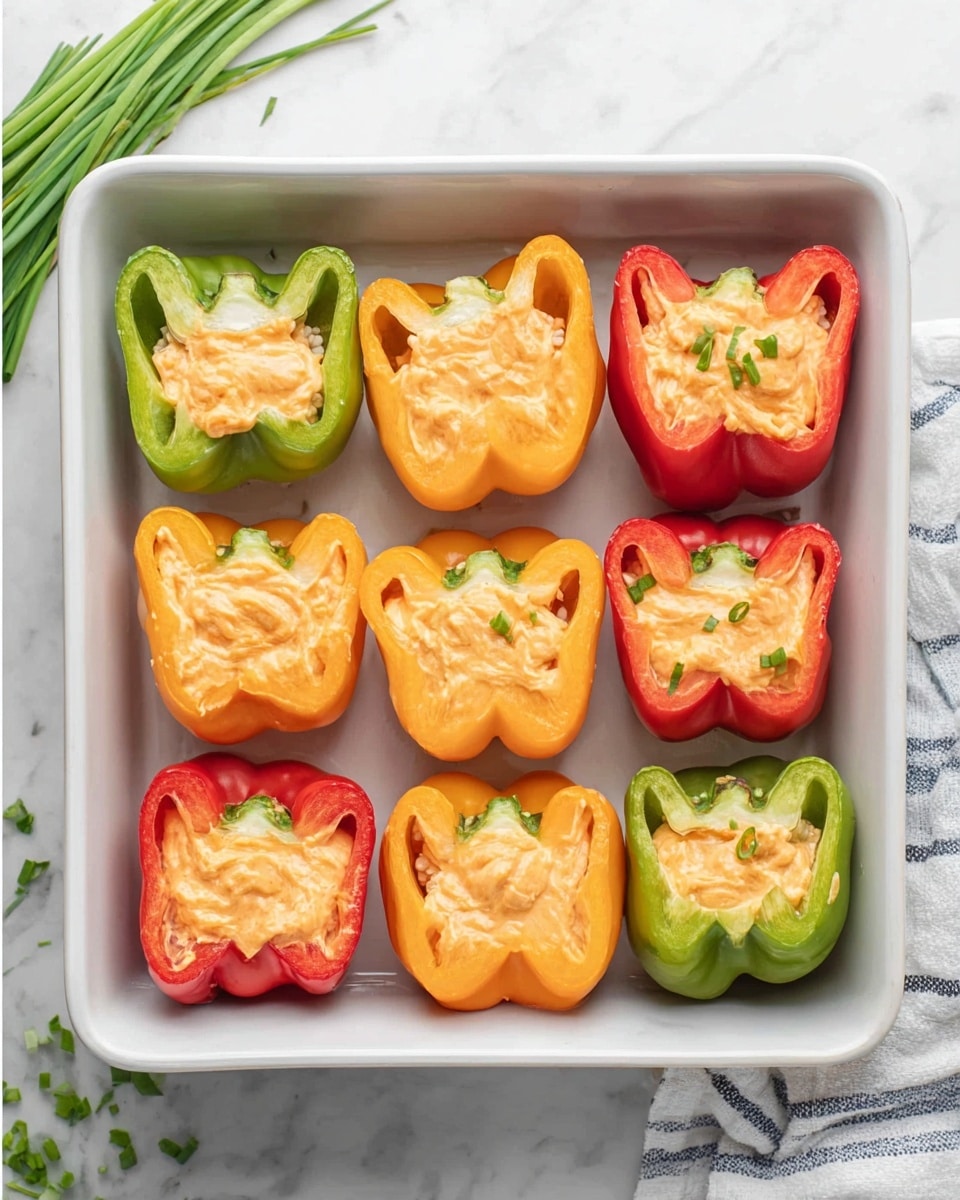 A white rectangular baking dish holds six halved bell peppers arranged in two columns and three rows. The colors alternate: top left and bottom right are green, top right and middle left are orange, middle right and bottom left are red. Each halved pepper is hollowed out, showing a smooth, shiny inner surface with a curved shape. In the second image, each pepper half is filled with a creamy light orange mixture, slightly uneven in texture, sitting evenly inside the pepper cavity. The dish sits on a white marbled surface with some green chives on the upper left side and a white cloth with blue stripes to the right side. Photo taken with an iphone --ar 4:5 --v 7