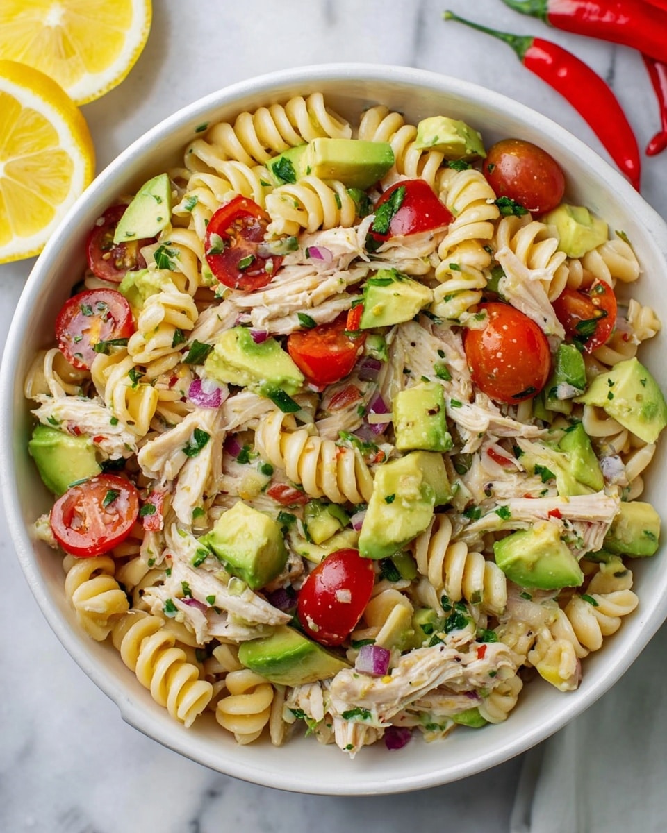 A white bowl filled with a colorful pasta salad sits on a white marbled surface. The salad has multiple layers, starting with a base of beige spiral pasta. Mixed throughout are bright red halved cherry tomatoes, smooth green chunks of avocado, and shredded white chicken pieces. Small bits of purple onion and green herbs are scattered all over, adding texture and a fresh look. In the background, a sliced lemon half and some red chili peppers are partly visible. The whole scene is bright and fresh, photo taken with an iphone --ar 4:5 --v 7