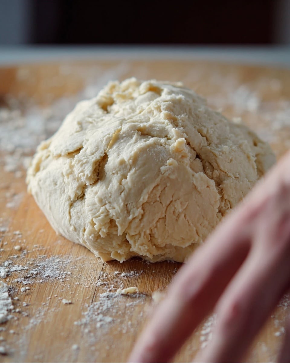 A ball of light beige dough with a rough, cracked surface sits on a wooden board, with small scattered bits of dough around it. In the foreground, a woman's hand is reaching towards the dough, slightly out of focus. The dough looks dense and uneven in texture. The scene is simple, showing just the dough and the hand. Photo taken with an iphone --ar 4:5 --v 7