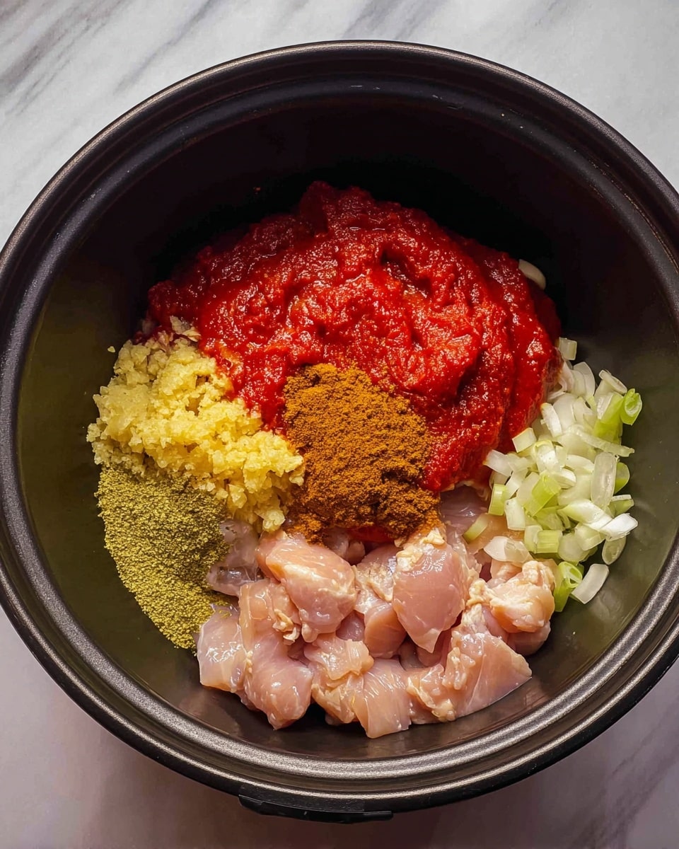 Inside a black pot, there are several layers of ingredients placed separately. On the right side, there are chunks of raw light pink chicken and chopped light green onions. Next to these, moving left, there is a bright red thick paste, likely tomato-based. Above the red paste, there's a dollop of brownish spice paste. In the middle, a yellowish finely grated or mashed ingredient sits on top of the red paste, and next to it is a small pile of greenish-yellow powder. The colors are vivid and the textures range from smooth and thick pastes to rough and chopped pieces. The pot is on a white marbled surface. photo taken with an iphone --ar 4:5 --v 7