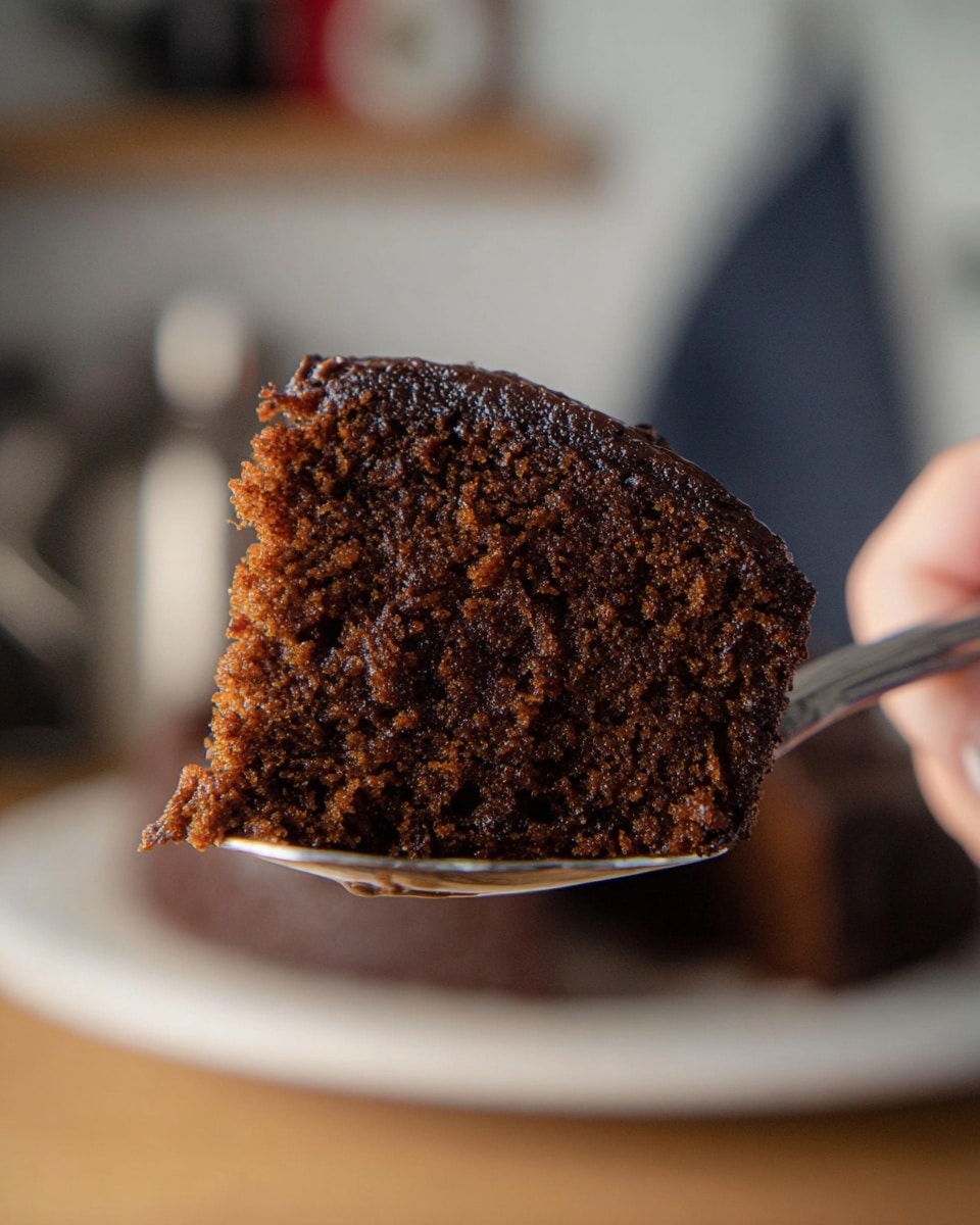 A close-up of a moist, chocolate cake slice being held by a woman's hand with a spoon. The single thick layer of cake is dark brown with a slightly shiny, soft texture showing small crumbs and moist pockets inside. The background is softly blurred, hinting at a kitchen setting, and the lighting highlights the rich color and moist surface of the cake. The overall tone is warm and inviting. photo taken with an iphone --ar 4:5 --v 7