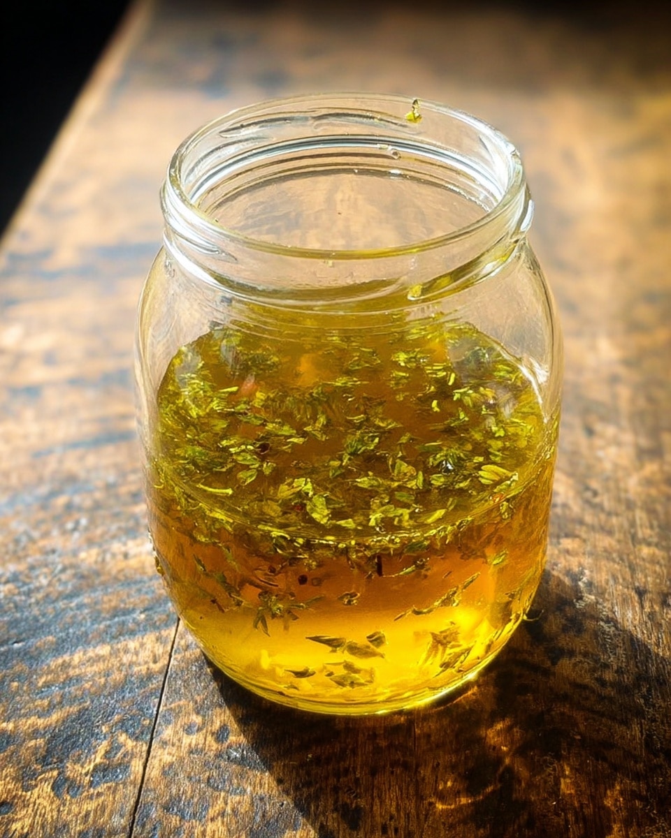 A clear glass jar filled about halfway with a golden yellow liquid that has small pieces of green herbs floating in it. The jar is placed on a textured wooden surface with dark and light brown tones. The liquid inside looks smooth and shiny, and the herbs give it a fresh, natural look. photo taken with an iphone --ar 4:5 --v 7