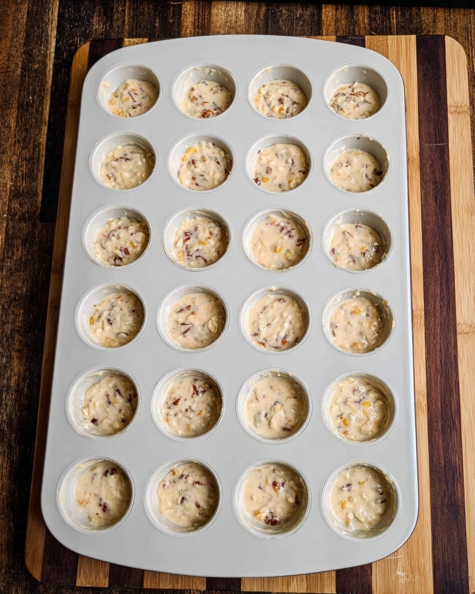 A white baking tray with 24 round wells is filled with a batter mixture that has a creamy texture and light beige color. The batter contains small pieces of brown, yellow, and reddish ingredients mixed evenly throughout. The tray sits on a wooden surface with alternating dark and light brown stripes. The batter is filled to about three-quarters full in each well, and a few spots of batter have spilled slightly onto the tray edges. photo taken with an iphone --ar 4:5 --v 7