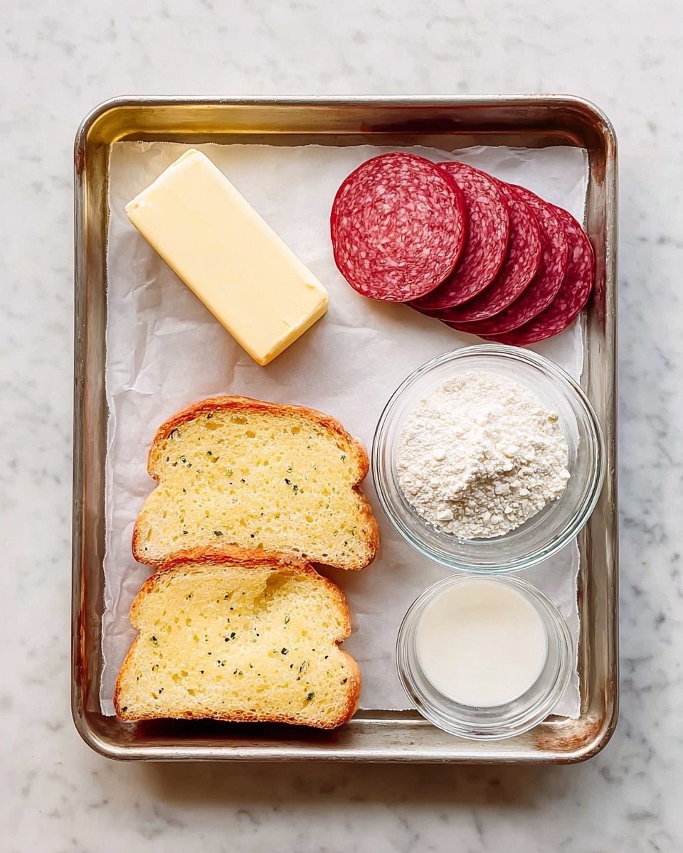 A metal baking tray lined with white parchment paper holds a few ingredients neatly spread out: a stick of unsalted butter in pale yellow placed on the top left, a small stack of deep red circular slices of meat with visible tiny holes next to the butter, three slices of golden-colored garlic bread with green herb specks arranged side by side on the bottom left, and two small clear glass bowls placed on the right of the meat—one filled with white flour and the other with white milk. The tray rests on a white marbled surface photo taken with an iphone --ar 4:5 --v 7