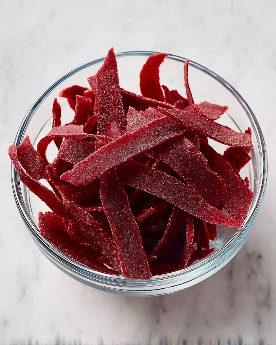 A clear glass bowl is filled with many thin, flat strips of dark red food with a slightly rough texture. The strips are layered loosely and unevenly, some laying flat while others curl or twist, filling the bowl fully. The bowl is placed on a white marbled surface that contrasts with the deep red color of the strips. The image is bright and sharp, showing detail in the texture and color of the red strips. photo taken with an iphone --ar 4:5 --v 7