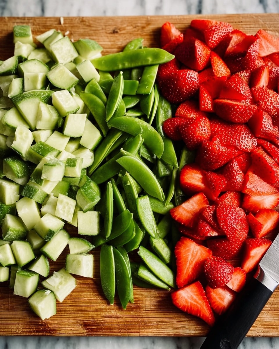The image shows a wooden board with three main groups of fresh ingredients arranged side by side. On the left, chopped cucumber pieces are pale green with darker green edges, cut into small curved chunks. In the center, bright green sugar snap peas are whole, smooth, and shiny, pointing in different directions. On the right, sliced strawberries show their vibrant red color with glistening seeds and juicy texture, neatly spread in rows. A knife with a black handle lies on the right edge of the board. The background is a white marbled surface. photo taken with an iphone --ar 4:5 --v 7