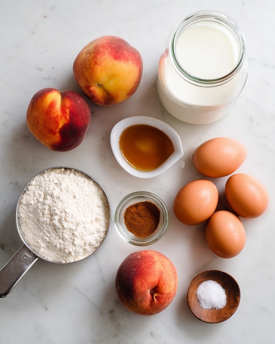 A white marbled surface holds several cooking ingredients arranged neatly. There are two peaches with a soft fuzz texture and reddish-yellow color on the right side. Four brown eggs with smooth shells are lined up near the center. A clear glass jar of milk with a wide mouth and no lid is placed at the back. In front, there is a metal measuring cup filled with white flour, a small white dish with amber-colored vanilla extract, a clear glass container with ground cinnamon powder, and a small wooden bowl filled with salt. The items are spaced evenly creating a calm and organized scene. Photo taken with an iphone --ar 4:5 --v 7