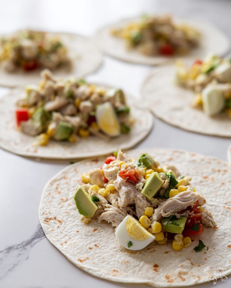 The image shows four flat white flour tortillas laid flat on a white marbled surface, each with a layer of mixed diced ingredients placed horizontally near the bottom edge. The filling layer consists of chopped cooked chicken pieces in pale beige, green slices of avocado, diced red tomatoes, white chunks of hard-boiled egg, and bits of yellow corn with small green herbs mixed throughout. The tortillas themselves are off-white with slight brown spots and a soft texture, while the mixed filling looks fresh and slightly moist. The focus is on the front tortilla with the filling clearly visible, and the background tortillas are softly blurred. Photo taken with an iphone --ar 4:5 --v 7