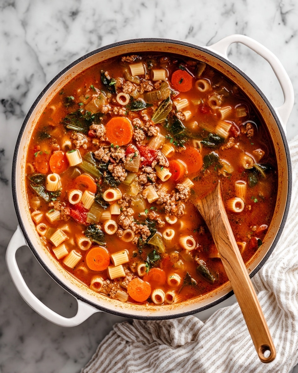 A white bowl filled with a thick orange-red soup containing small round pasta rings, orange carrot slices, red kidney beans, and small chunks of brown ground meat scattered throughout. The soup is garnished with dark green leafy bits and simmered tomatoes, giving it a rich, hearty look. A triangular piece of toasted bread with a dark golden crust leans on the side of the bowl, and a silver spoon rests partially in the soup. The bowl is placed on a white marbled surface. photo taken with an iphone --ar 4:5 --v 7