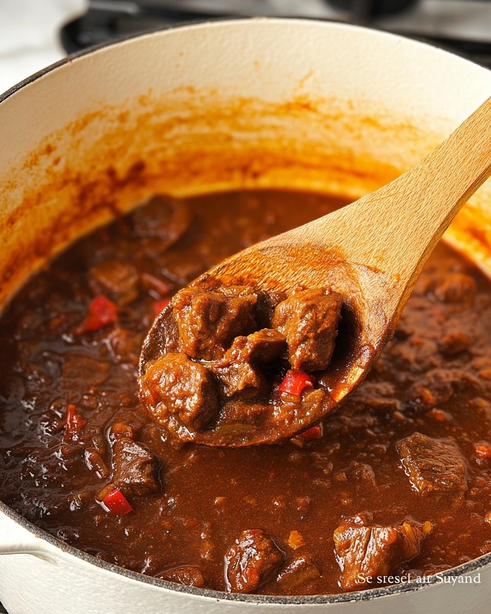 A close-up view of a white pot filled with thick, dark brown stew containing visible chunks of tender meat and small pieces of red peppers and onions, with a wooden spoon lifting a portion showing the rich, textured sauce and meat pieces. The pot’s rim has a slight orange staining, and the background includes a white marbled texture surface with some stove parts visible. photo taken with an iphone --ar 4:5 --v 7
